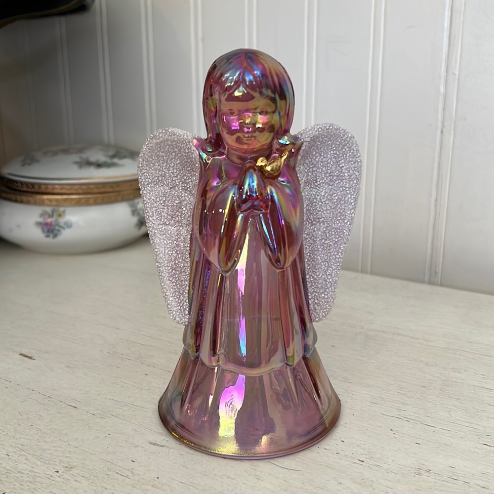 Fenton Opalescent Iridescent Angel Coraline Wings pink white 6.5”